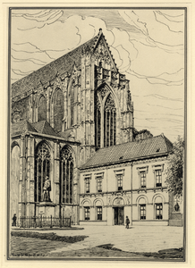 26219 Gezicht op het Munsterkerkhof met de Domkerk te Utrecht; rechts van de kerk het Leesmuseum en het op 15-10-1883 ...
